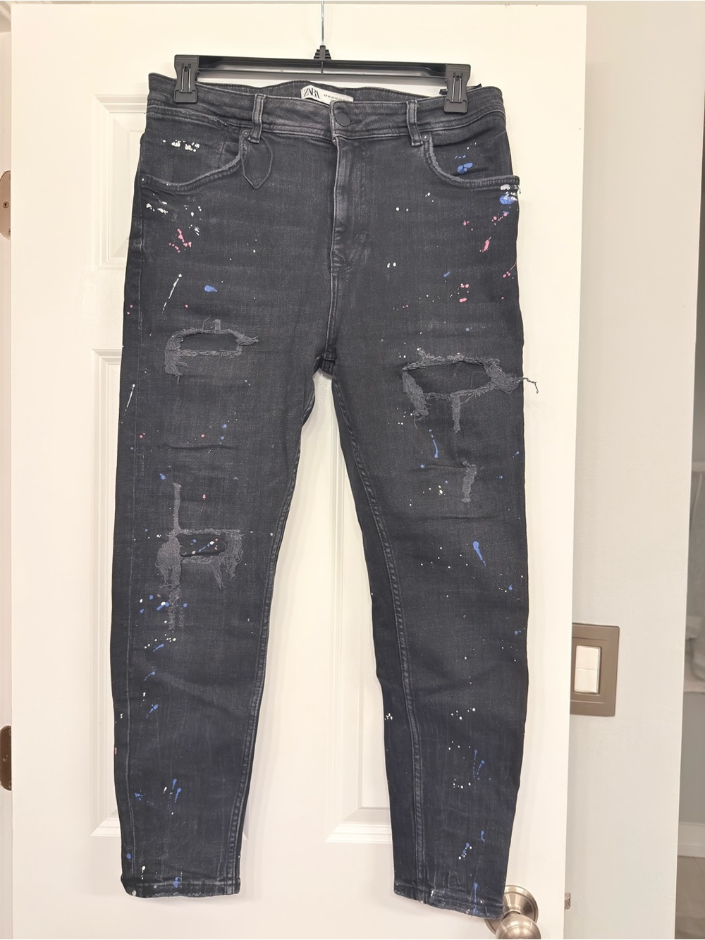 Zara Slim Black Jeans with Blue & Pink Paint Splatter